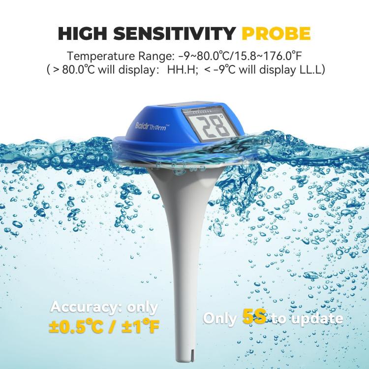 BALDR Waterproof Floating Pool Thermometer With Solar Power Dual Screen Anti-Fog Display For Swimming Pools, Hot Tubs, Fish Ponds - Blue White