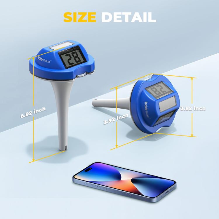 BALDR Waterproof Floating Pool Thermometer With Solar Power Dual Screen Anti-Fog Display For Swimming Pools, Hot Tubs, Fish Ponds - Blue White