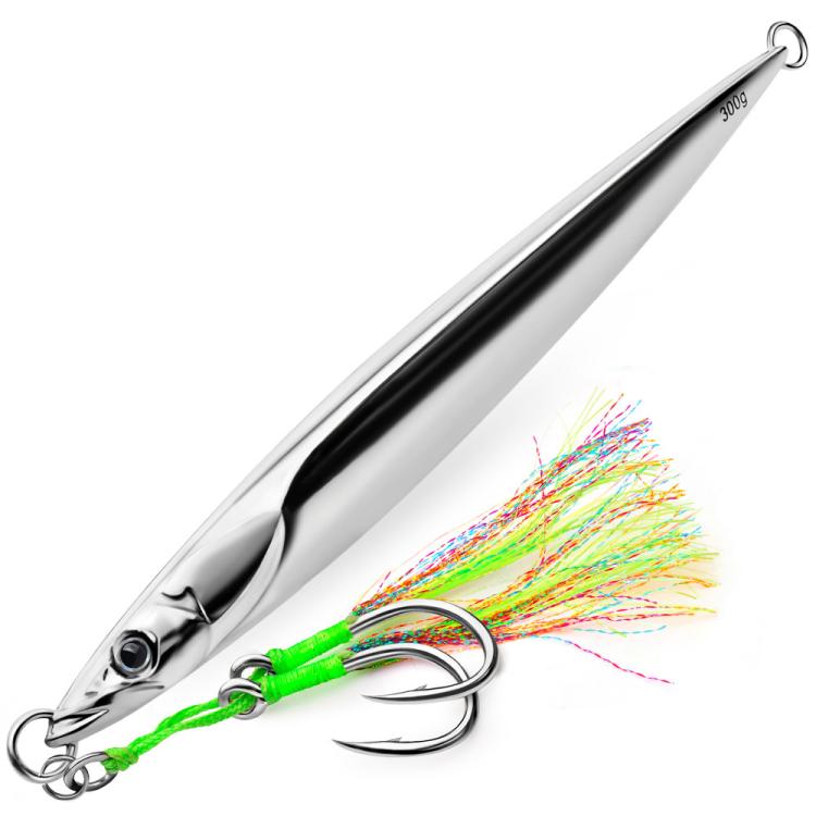 PROBEROS LF169  Vertical Jigging Lure with Double Assist Hooks Saltwater Metal Jig with Feathers Shining Mackerel Sinking Bait 300g