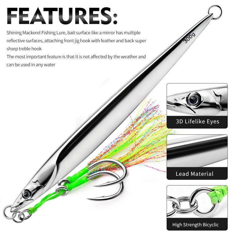 PROBEROS LF169  Vertical Jigging Lure with Double Assist Hooks Saltwater Metal Jig with Feathers Shining Mackerel Sinking Bait 250g