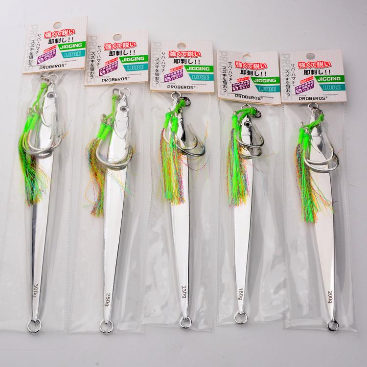 PROBEROS LF169  Vertical Jigging Lure with Double Assist Hooks Saltwater Metal Jig with Feathers Shining Mackerel Sinking Bait 230g
