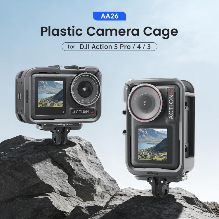 aMagisn PC Material Camera Cage for DJI Action 5 Pro / 4 / 3 with Quick Release Vertical/Horizontal Shoot Support, Cold Shoe Mount & 1/4-inch Thread - Black