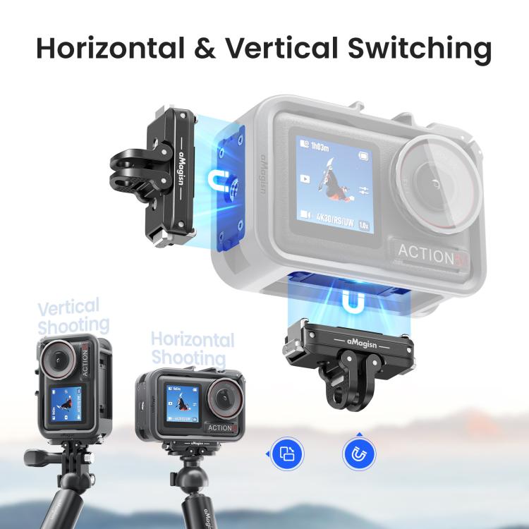 aMagisn PC Material Camera Cage for DJI Action 5 Pro / 4 / 3 with Quick Release Vertical/Horizontal Shoot Support, Cold Shoe Mount & 1/4-inch Thread - Black
