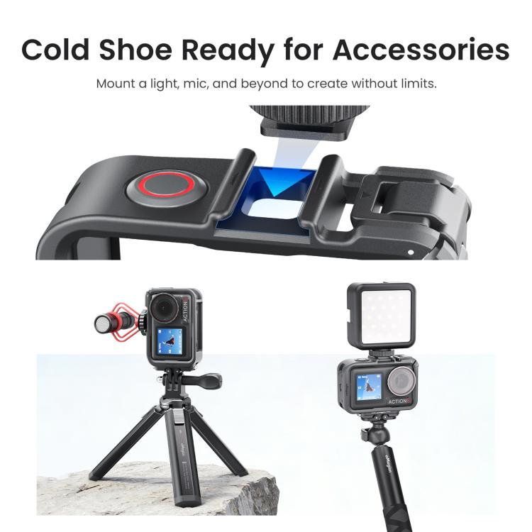 aMagisn PC Material Camera Cage for DJI Action 5 Pro / 4 / 3 with Quick Release Vertical/Horizontal Shoot Support, Cold Shoe Mount & 1/4-inch Thread - Black