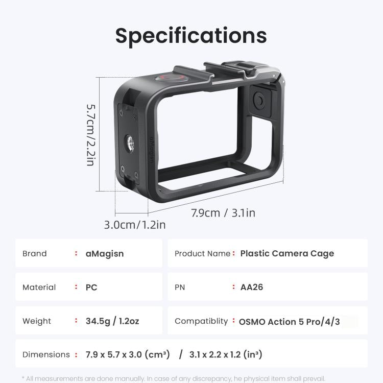 aMagisn PC Material Camera Cage for DJI Action 5 Pro / 4 / 3 with Quick Release Vertical/Horizontal Shoot Support, Cold Shoe Mount & 1/4-inch Thread - Black