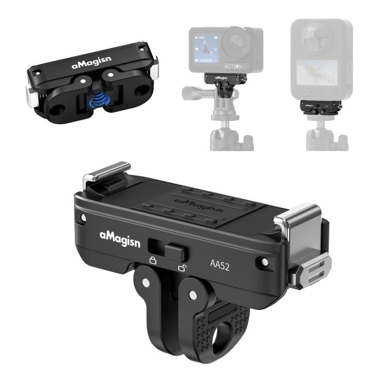 aMagisn Metal Magnetic Quick Release Mount 2.0 Lockable Adapter for DJI Osmo 360/ Action 5 Pro/4/3 - Black