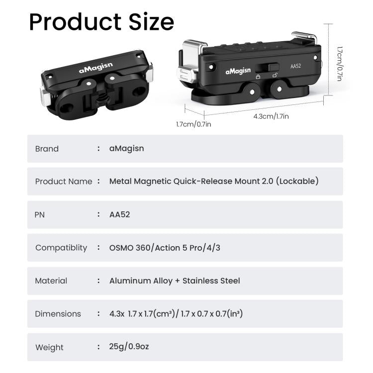 aMagisn Metal Magnetic Quick Release Mount 2.0 Lockable Adapter for DJI Osmo 360/ Action 5 Pro/4/3 - Black