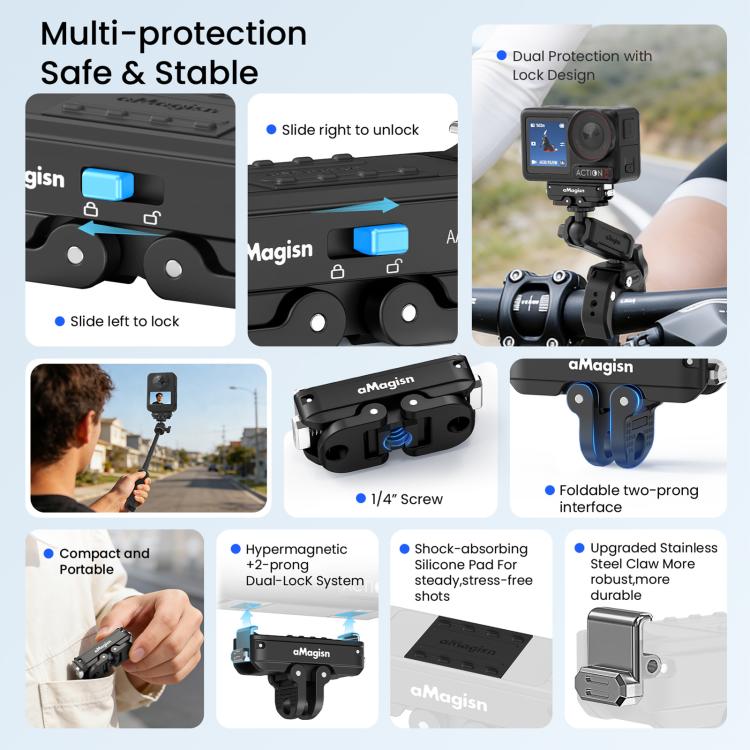 aMagisn Metal Magnetic Quick Release Mount 2.0 Lockable Adapter for DJI Osmo 360/ Action 5 Pro/4/3 - Black