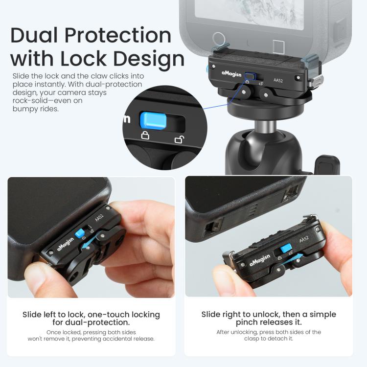 aMagisn Metal Magnetic Quick Release Mount 2.0 Lockable Adapter for DJI Osmo 360/ Action 5 Pro/4/3 - Black