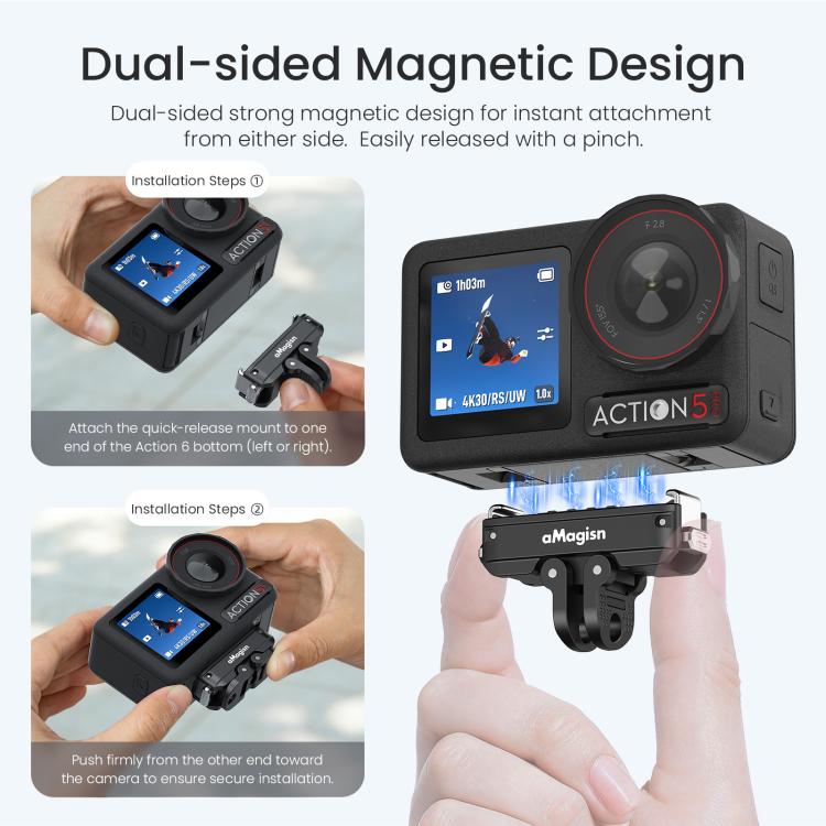 aMagisn Metal Magnetic Quick Release Mount 2.0 Lockable Adapter for DJI Osmo 360/ Action 5 Pro/4/3 - Black