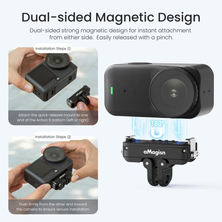 For DJI Osmo Action 6 / Nano aMagisn Metal Magnetic Quick Release Mount 2.0 Lockable Adapter - Black