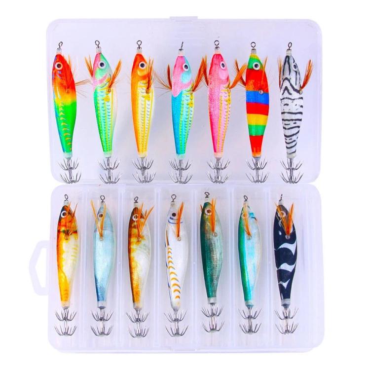 HENGJIA 14pcs /Box Luminous Wood Shrimp Squid Jig Fluorescent Octopus Saltwater Fishing Lure