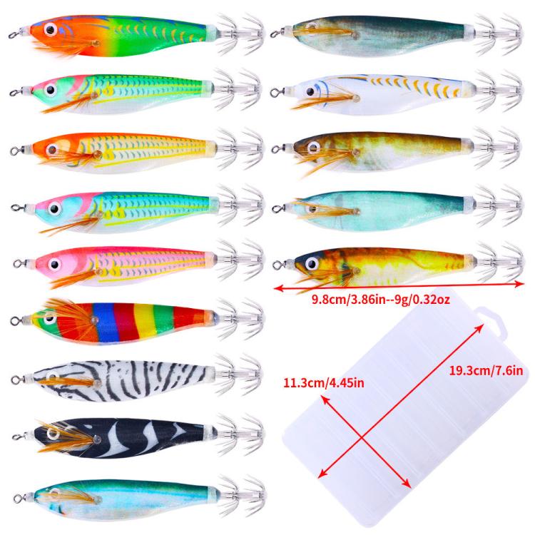 HENGJIA 14pcs /Box Luminous Wood Shrimp Squid Jig Fluorescent Octopus Saltwater Fishing Lure