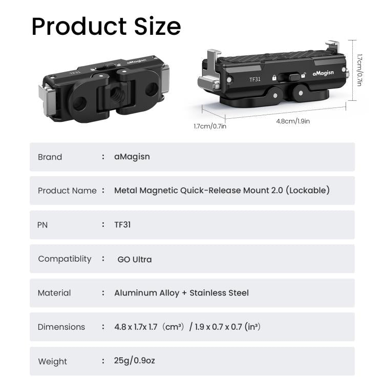 For Insta360 GO Ultra aMagisn Metal Magnetic Quick Release Mount 2.0 Lockable Adapter - Black