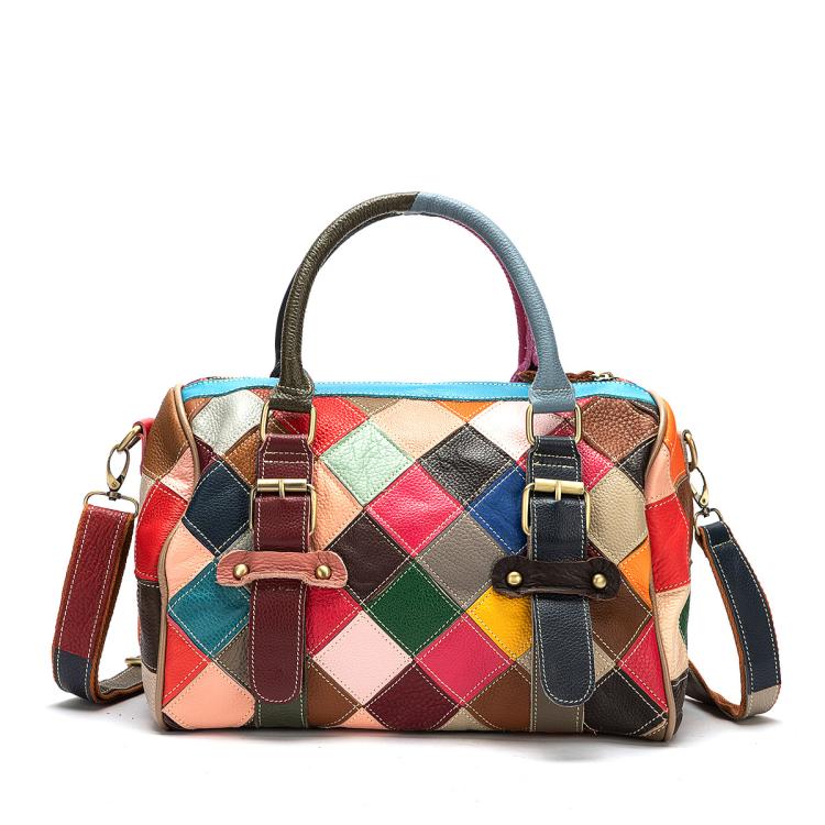 Leather Casual Large Capacity Patchwork Handbag Shoulder Bag - Colorful