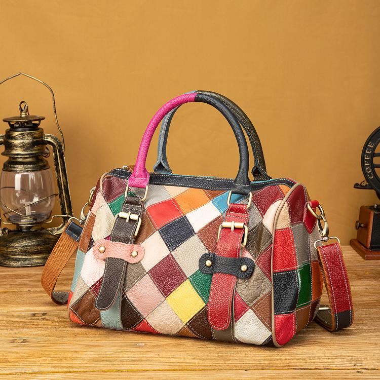 Leather Casual Large Capacity Patchwork Handbag Shoulder Bag - Colorful