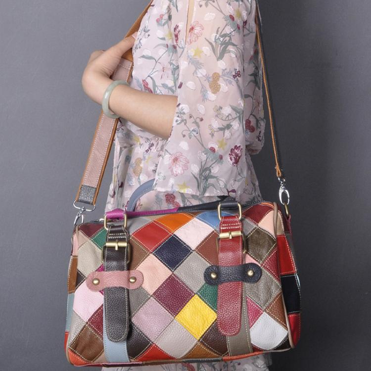 Leather Casual Large Capacity Patchwork Handbag Shoulder Bag - Colorful