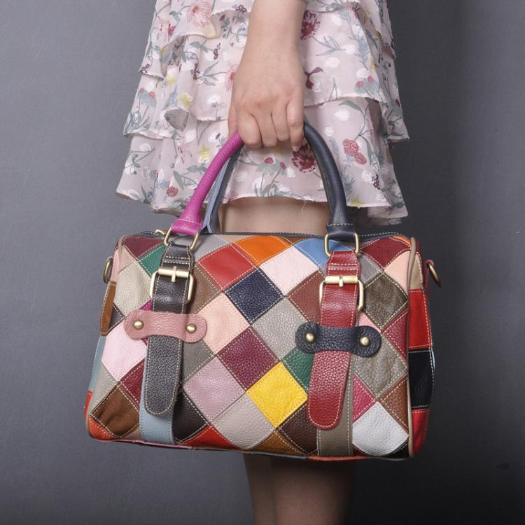 Leather Casual Large Capacity Patchwork Handbag Shoulder Bag - Colorful