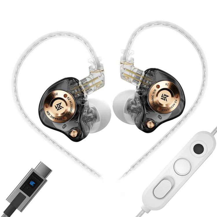 KZ EDZ Ultra-Wideband Ultra-Excursion Dynamic Driver+Dual-Stage Damping System 1.2m Wired Earphone, Color: Black Type-C Sound Card