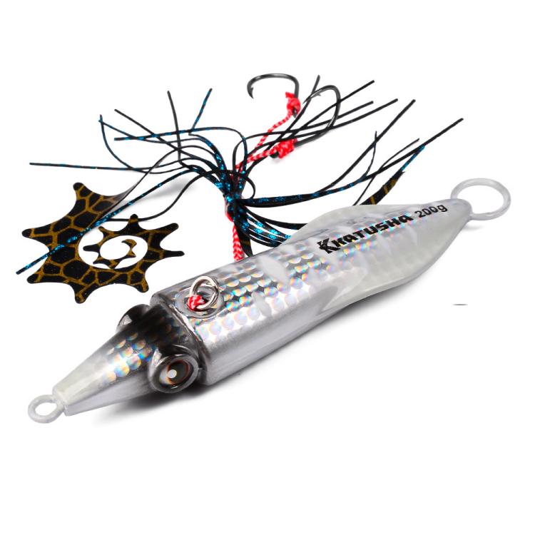 PROBEROS Luminous Squid Jigging Lures Vertical Saltwater Jigs with Silicone Skirt Laser Coating Metal Sinking Fishing Lures 40G