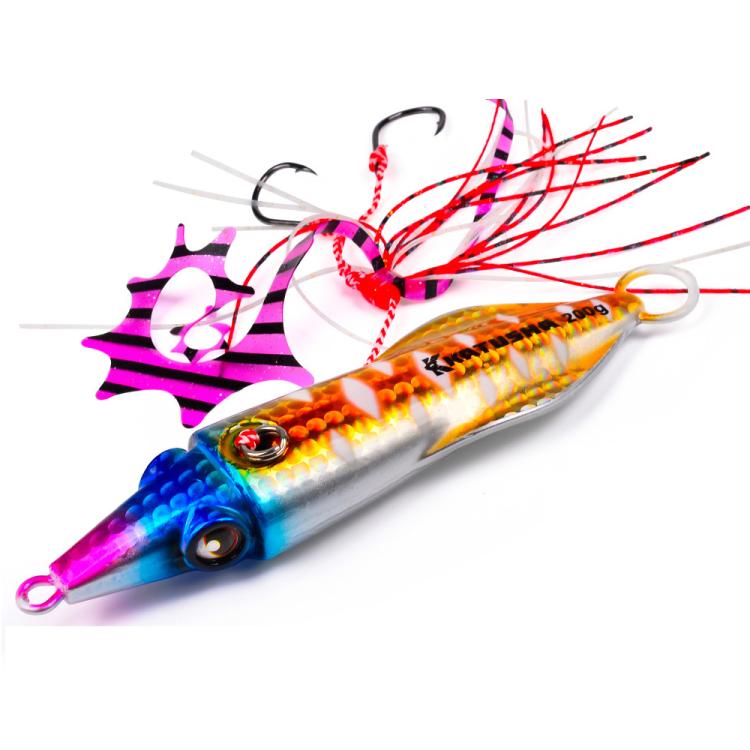 PROBEROS Luminous Squid Jigging Lures Vertical Saltwater Jigs with Silicone Skirt Laser Coating Metal Sinking Fishing Lures 60G