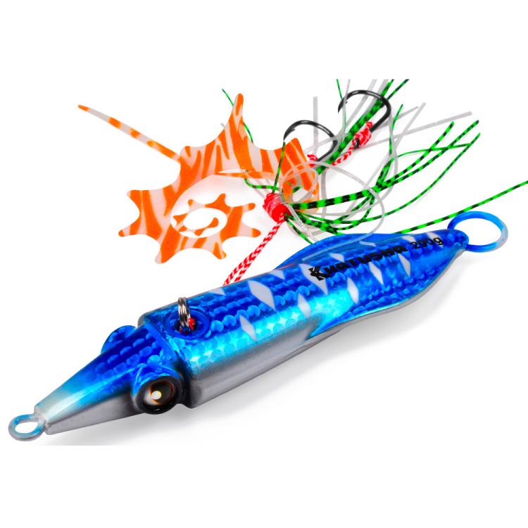 PROBEROS Luminous Squid Jigging Lures Vertical Saltwater Jigs with Silicone Skirt Laser Coating Metal Sinking Fishing Lures 100G