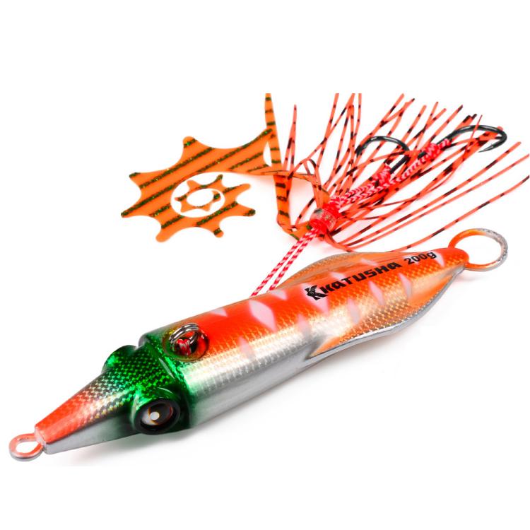 PROBEROS Luminous Squid Jigging Lures Vertical Saltwater Jigs with Silicone Skirt Laser Coating Metal Sinking Fishing Lures 150G