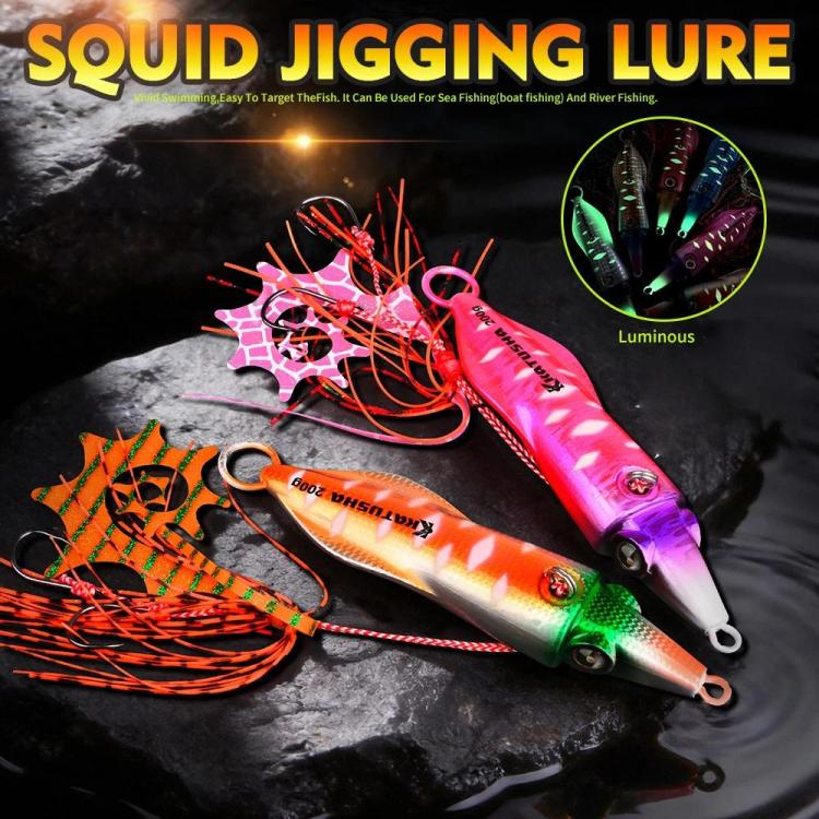 PROBEROS Luminous Squid Jigging Lures Vertical Saltwater Jigs with Silicone Skirt Laser Coating Metal Sinking Fishing Lures 100G