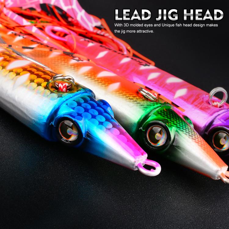PROBEROS Luminous Squid Jigging Lures Vertical Saltwater Jigs with Silicone Skirt Laser Coating Metal Sinking Fishing Lures 40G