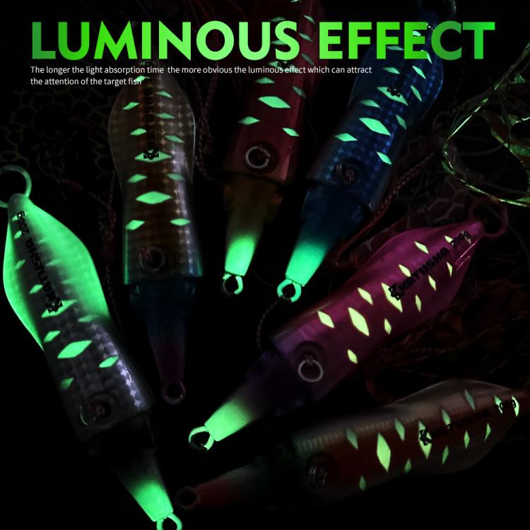 PROBEROS Luminous Squid Jigging Lures Vertical Saltwater Jigs with Silicone Skirt Laser Coating Metal Sinking Fishing Lures 80G