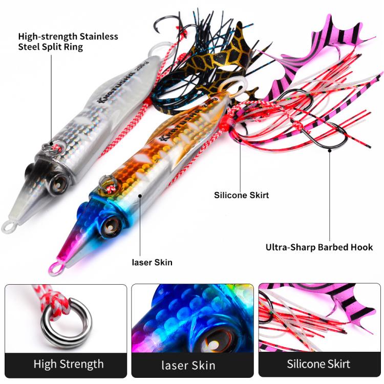 PROBEROS Luminous Squid Jigging Lures Vertical Saltwater Jigs with Silicone Skirt Laser Coating Metal Sinking Fishing Lures 150G