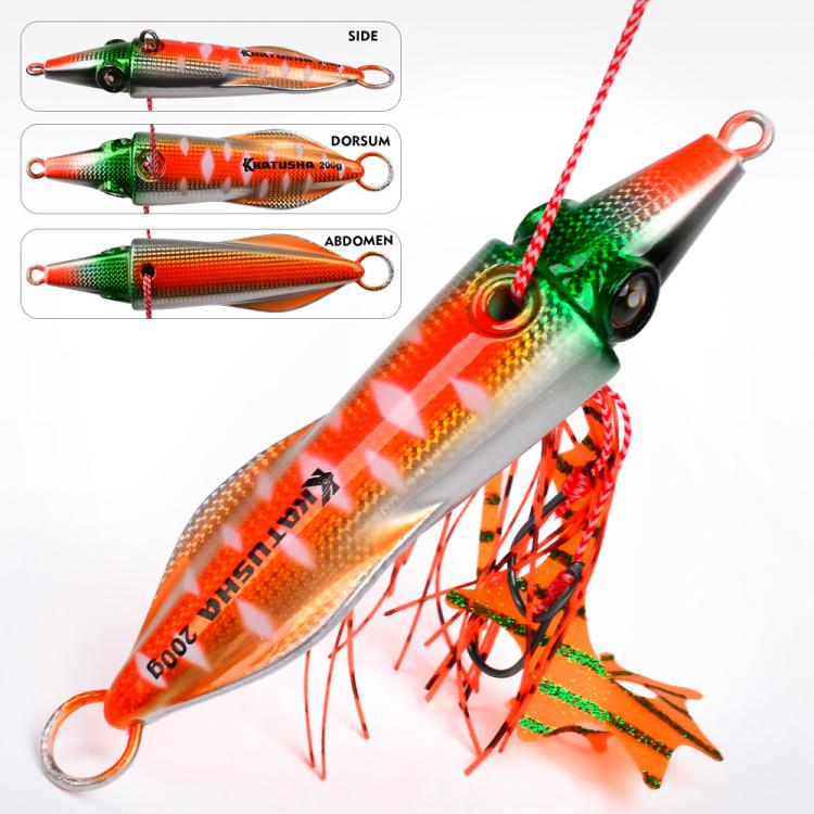 PROBEROS Luminous Squid Jigging Lures Vertical Saltwater Jigs with Silicone Skirt Laser Coating Metal Sinking Fishing Lures 80G