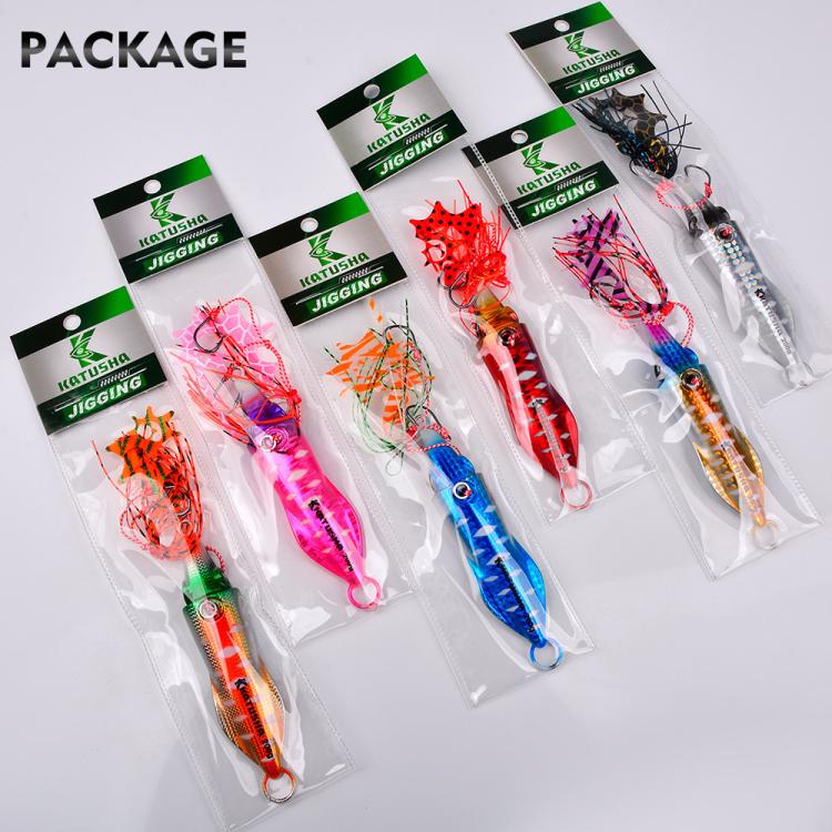 PROBEROS Luminous Squid Jigging Lures Vertical Saltwater Jigs with Silicone Skirt Laser Coating Metal Sinking Fishing Lures 60G