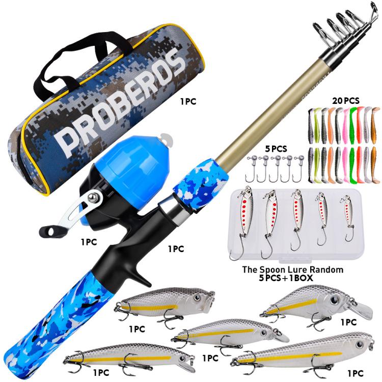 PROBEROS Fishing Rod and Reel Combo 6ft Telescopic Fishing Pole with Spincast Reel Portable Travel Fishing Full Kit with Carrier Bag CAST Blue
