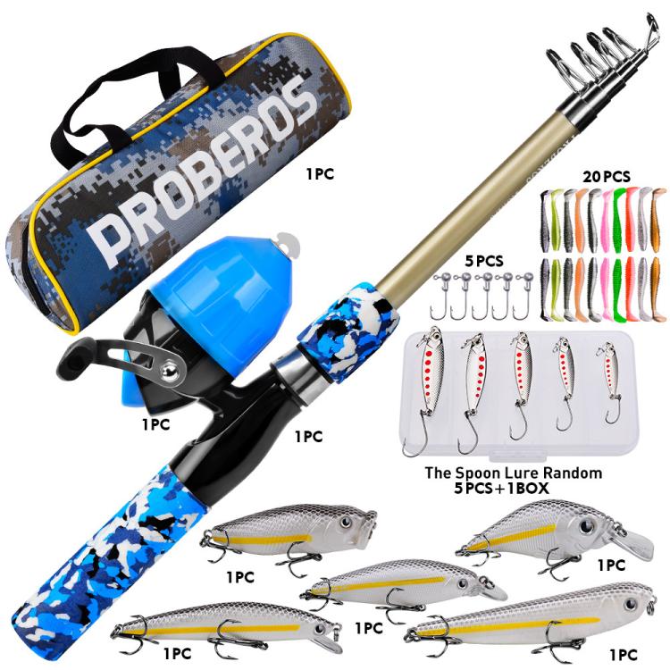 PROBEROS Fishing Rod and Reel Combo 6ft Telescopic Fishing Pole with Spincast Reel Portable Travel Fishing Full Kit with Carrier Bag SPIN Blue