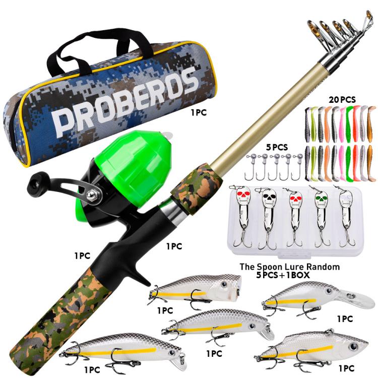 PROBEROS Fishing Rod and Reel Combo 6ft Telescopic Fishing Pole with Spincast Reel Portable Travel Fishing Full Kit with Carrier Bag CAST Green