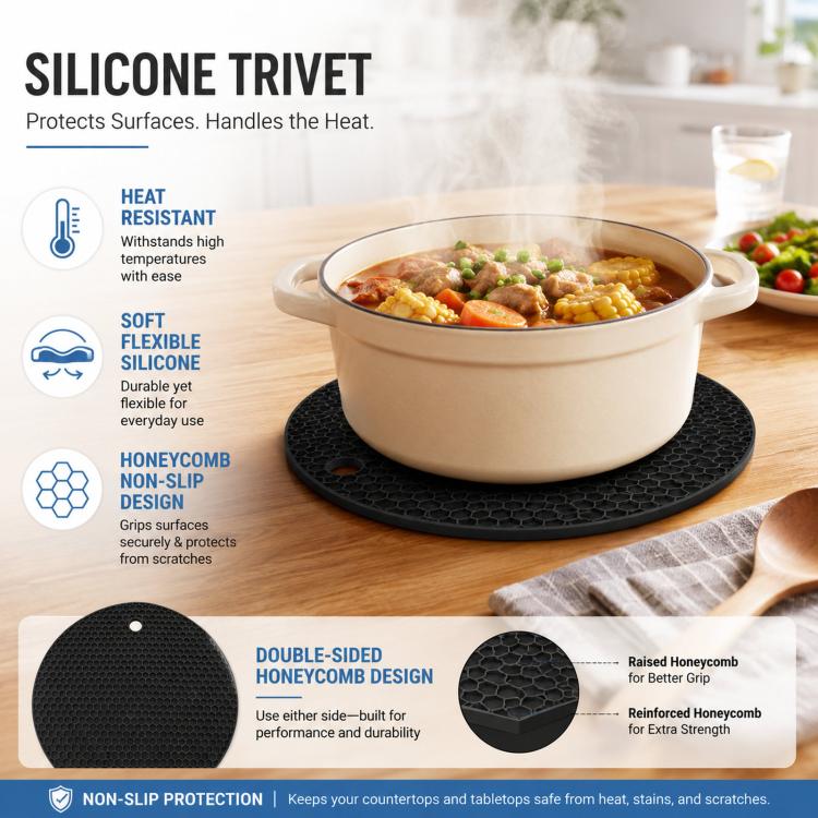 LsCook Round Honeycomb Silicone Placemat Heat-Resistant Non-Slip Insulation - Black