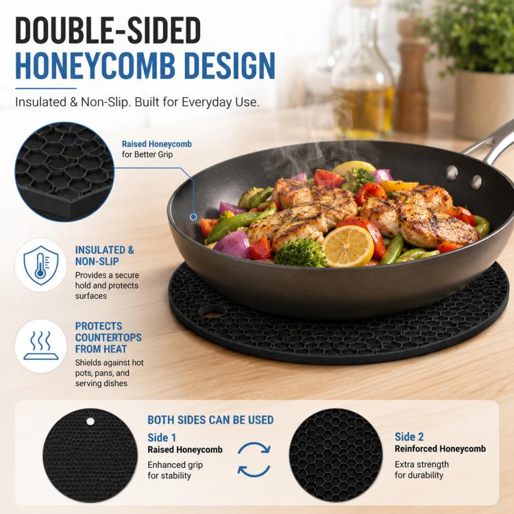 LsCook Round Honeycomb Silicone Placemat Heat-Resistant Non-Slip Insulation - Black