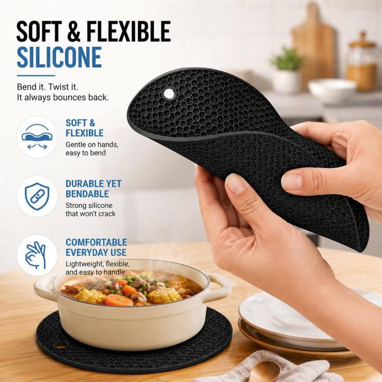 LsCook Round Honeycomb Silicone Placemat Heat-Resistant Non-Slip Insulation - Black