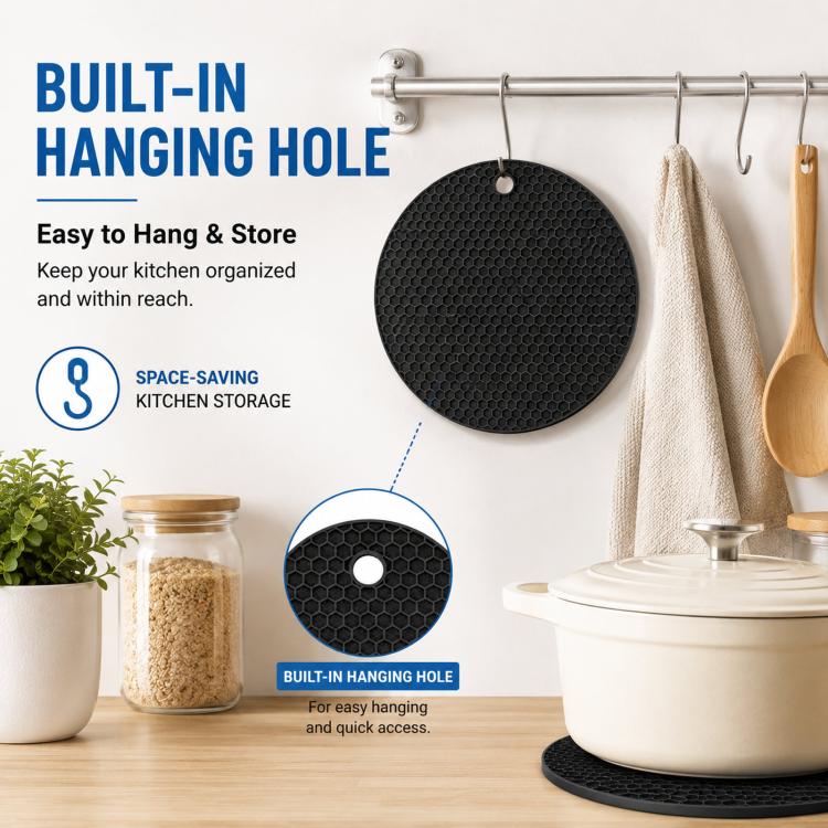 LsCook Round Honeycomb Silicone Placemat Heat-Resistant Non-Slip Insulation - Black