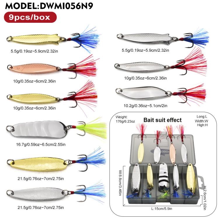 PROBEROS 9 In 1 Fishing Spoon Lures Kit Metal Hard Baits Set with Treble & Single Hooks, Feathers