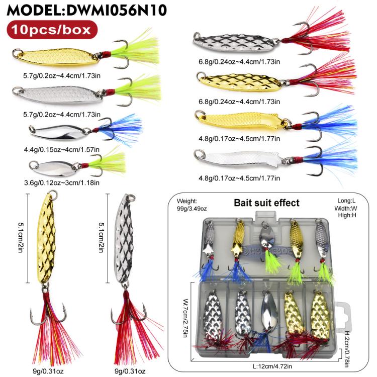 PROBEROS 10 In 1 Fishing Spoon Lures Kit Metal Hard Baits Set with Treble & Single Hooks, Feathers