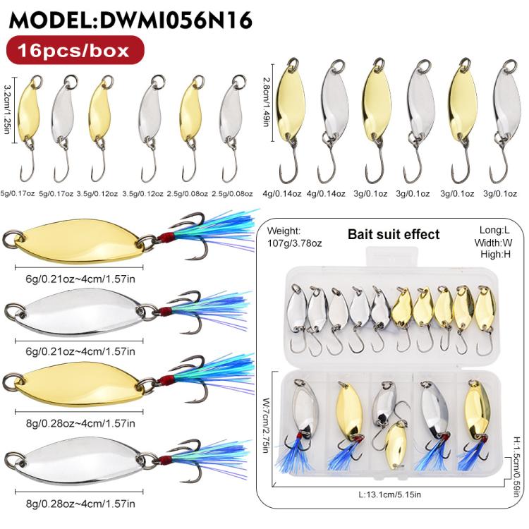 PROBEROS 16 In 1 Fishing Spoon Lures Kit Metal Hard Baits Set with Treble & Single Hooks, Feathers