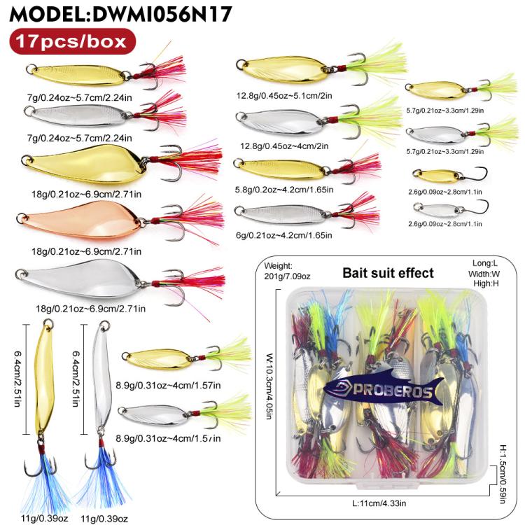 PROBEROS 17 In 1 Fishing Spoon Lures Kit Metal Hard Baits Set with Treble & Single Hooks, Feathers
