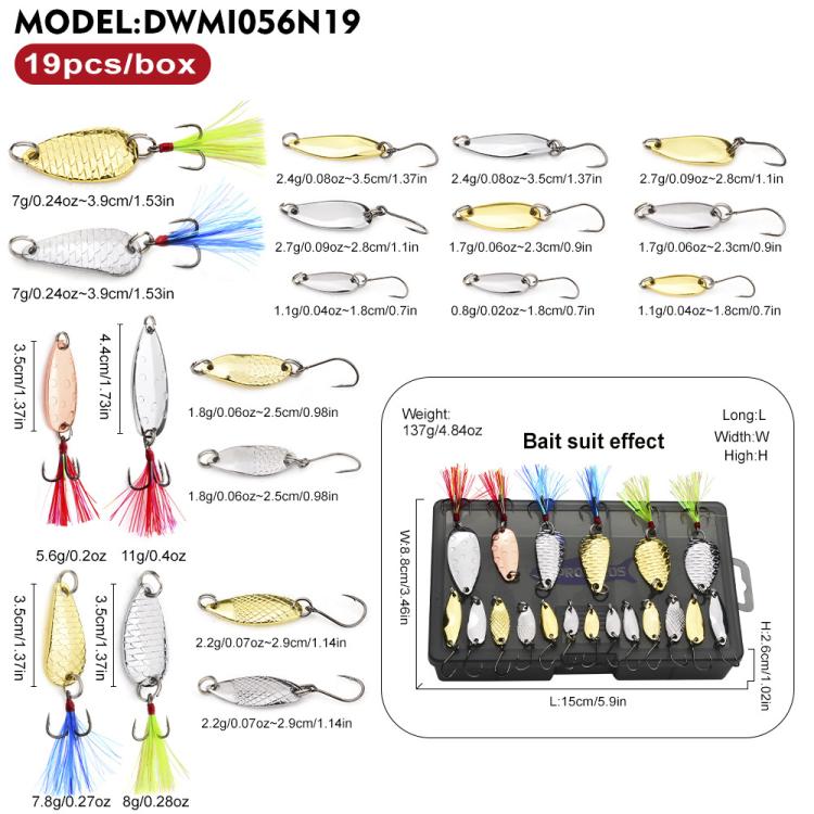 PROBEROS 19 In 1 Fishing Spoon Lures Kit Metal Hard Baits Set with Treble & Single Hooks, Feathers