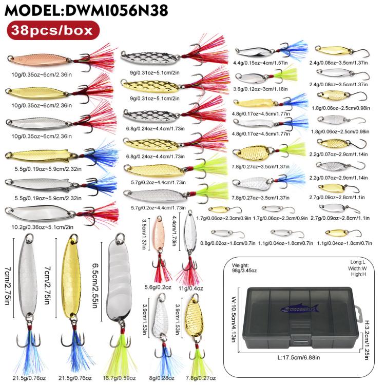 PROBEROS 38 In 1 A Fishing Spoon Lures Kit Metal Hard Baits Set with Treble & Single Hooks, Feathers