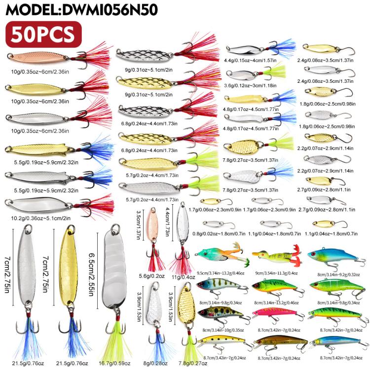 PROBEROS 50 In 1 Fishing Spoon Lures Kit Metal Hard Baits Set with Treble & Single Hooks, Feathers