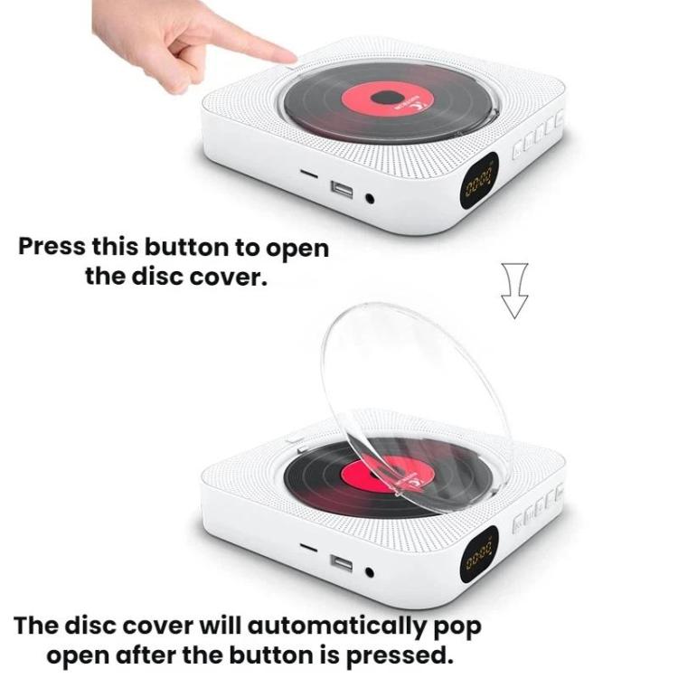 KUSTRON Home Wall-Mounted CD Player Bluetooth Speaker Music Player With Cover, Color: White
