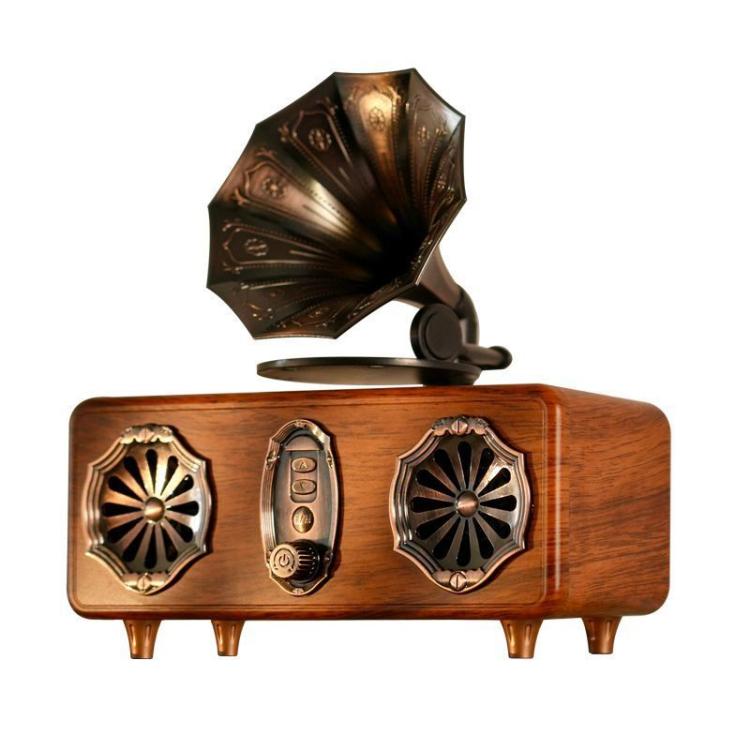 Retro Bluetooth Speaker Vintage Phonograph Style Supports FM Radio/TF Card/USB/AUX - Walnut Wood Grain