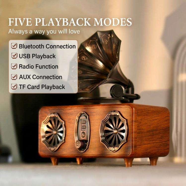 Retro Bluetooth Speaker Vintage Phonograph Style Supports FM Radio/TF Card/USB/AUX - Walnut Wood Grain